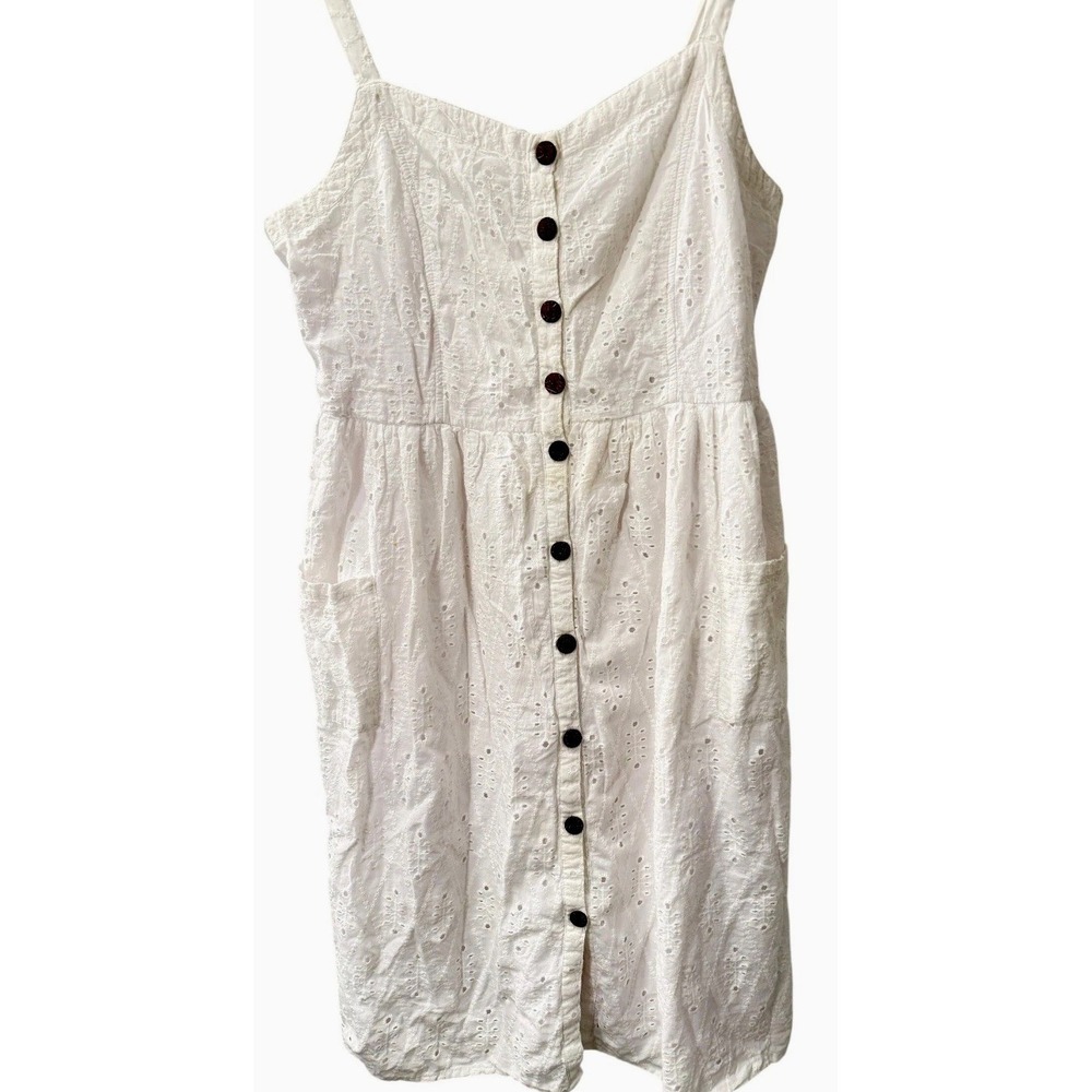 J Gee Eyelet Midi Dress White Cotton Button Front Prairie Cottage XL Pockets